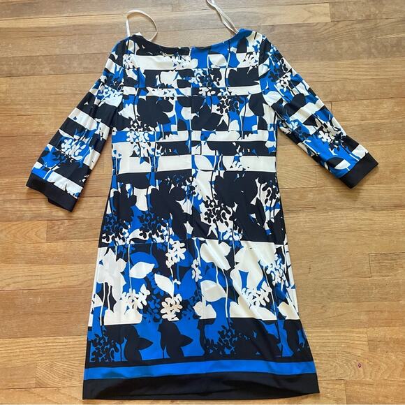 Jessica Howard blue white and black lined 3/4 sleeve shift midi dress sz 10 B12 - Picture 4 of 4